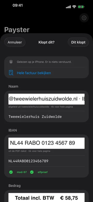 Controlescherm 'Klopt dit?' met de gevonden naam en IBAN, elk met een uitsnede van de factuur en een geslaagde IBAN-controle.