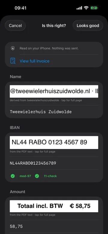 Review screen 'Is this right?' showing the detected name and IBAN, each with a crop of the invoice and a passed IBAN check.