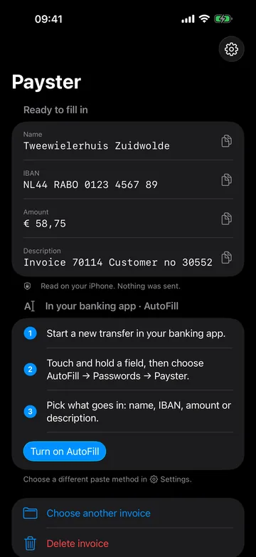 Home screen with name, IBAN, amount and description ready to fill in, plus the AutoFill steps for the banking app.