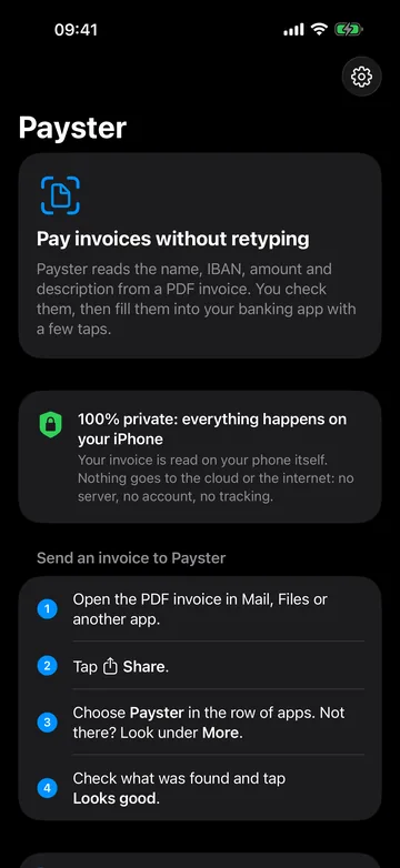 Home screen explaining how to send an invoice to Payster.
